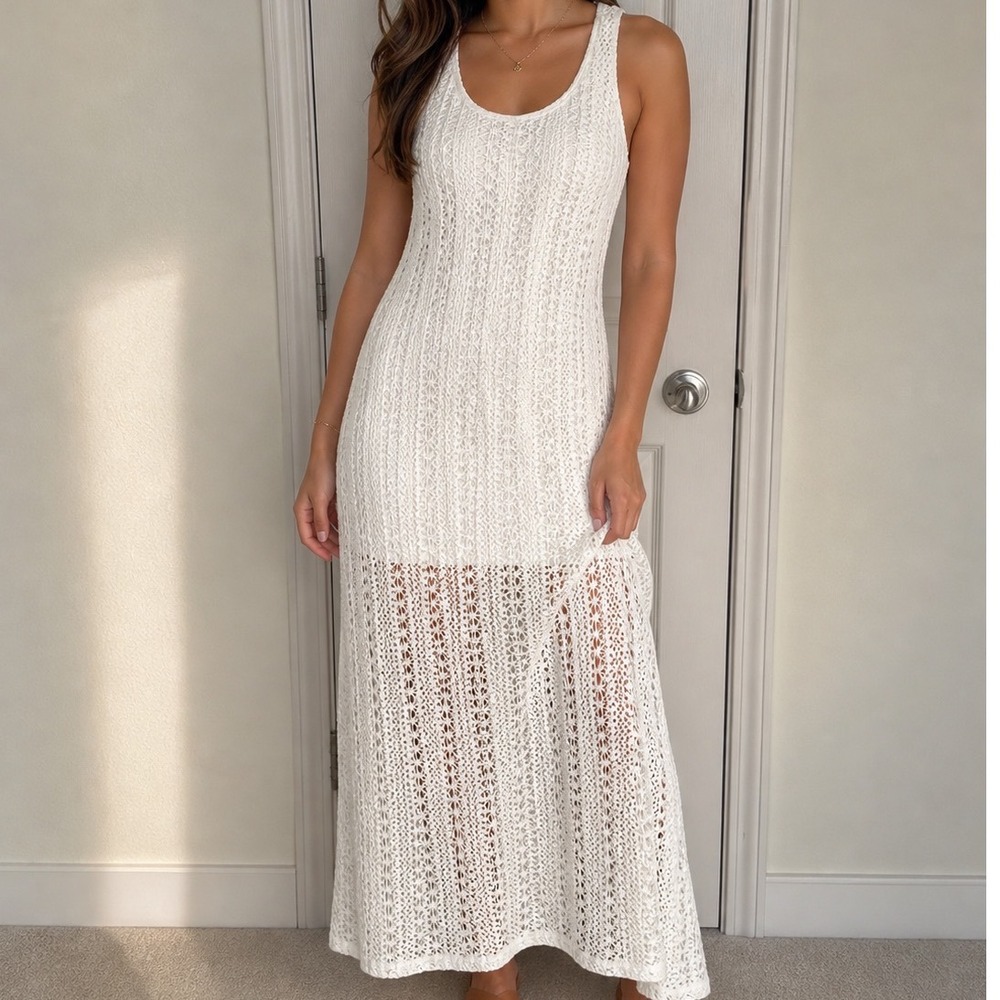 QUINN‎ White Crochet Beachy Sleeveless Dress Women's Size Medium L2